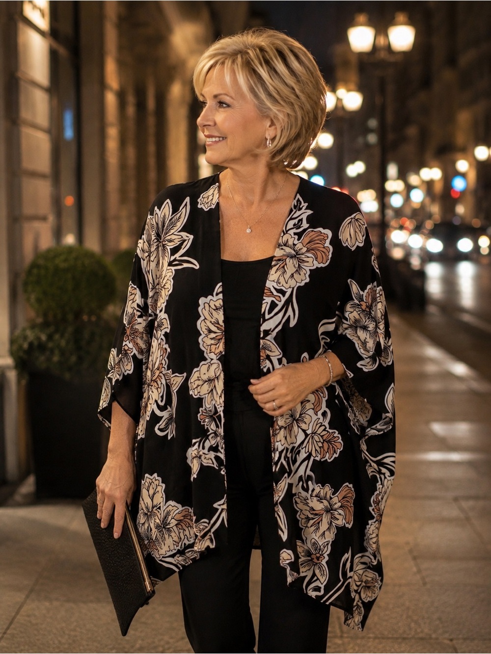 JM Collection Black Floral Cape with Cream & Tan Accents